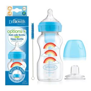 DR. BROWN'S buteliukas pereinamasis OPTIONS+ plačiu kakleliu, mėlynas 270ml + silikoninis snapelis, WB91605-P3
