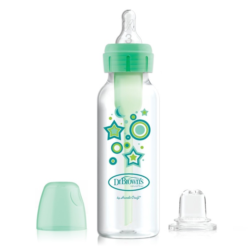 DR. BROWN'S buteliukas pereinamasis OPTIONS+ siauru kakleliu, žalias 250ml + silikoninis snapelis, SB81603-P3