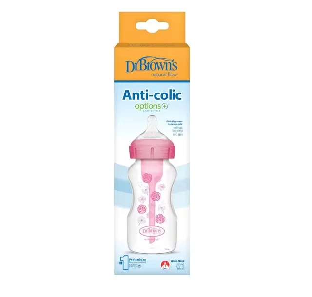 DR. BROWN'S Buteliukas Options+ plačiu kakleliu 270ml, rožinis FLORAL &ndash; nuotrauka 2